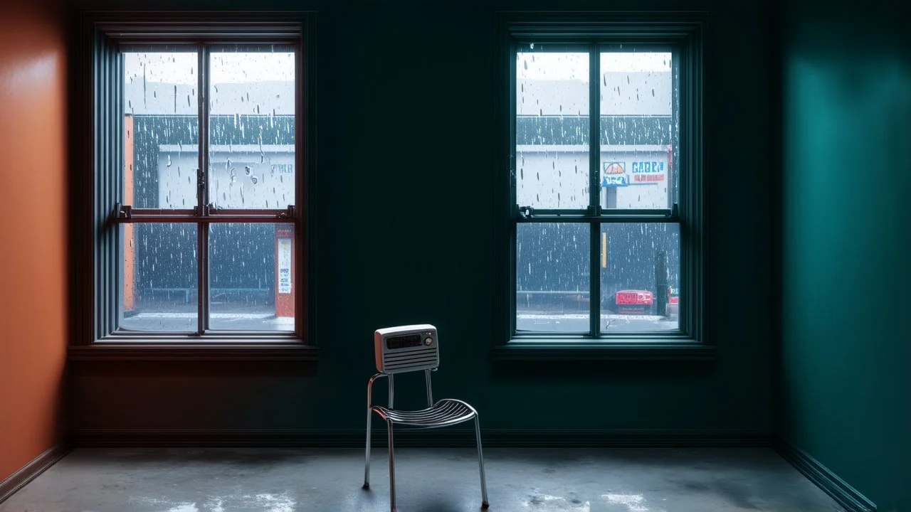 modern flat A dark space between two tall industrial windows, with a view of a rainy street outside, featuring a small metal chair and an old radio sitting on a concrete floor, the walls are painted in bold colors., mutted teal and terracota color scheme, volumetric lighting,dimensional 3D illumination vector style illustration