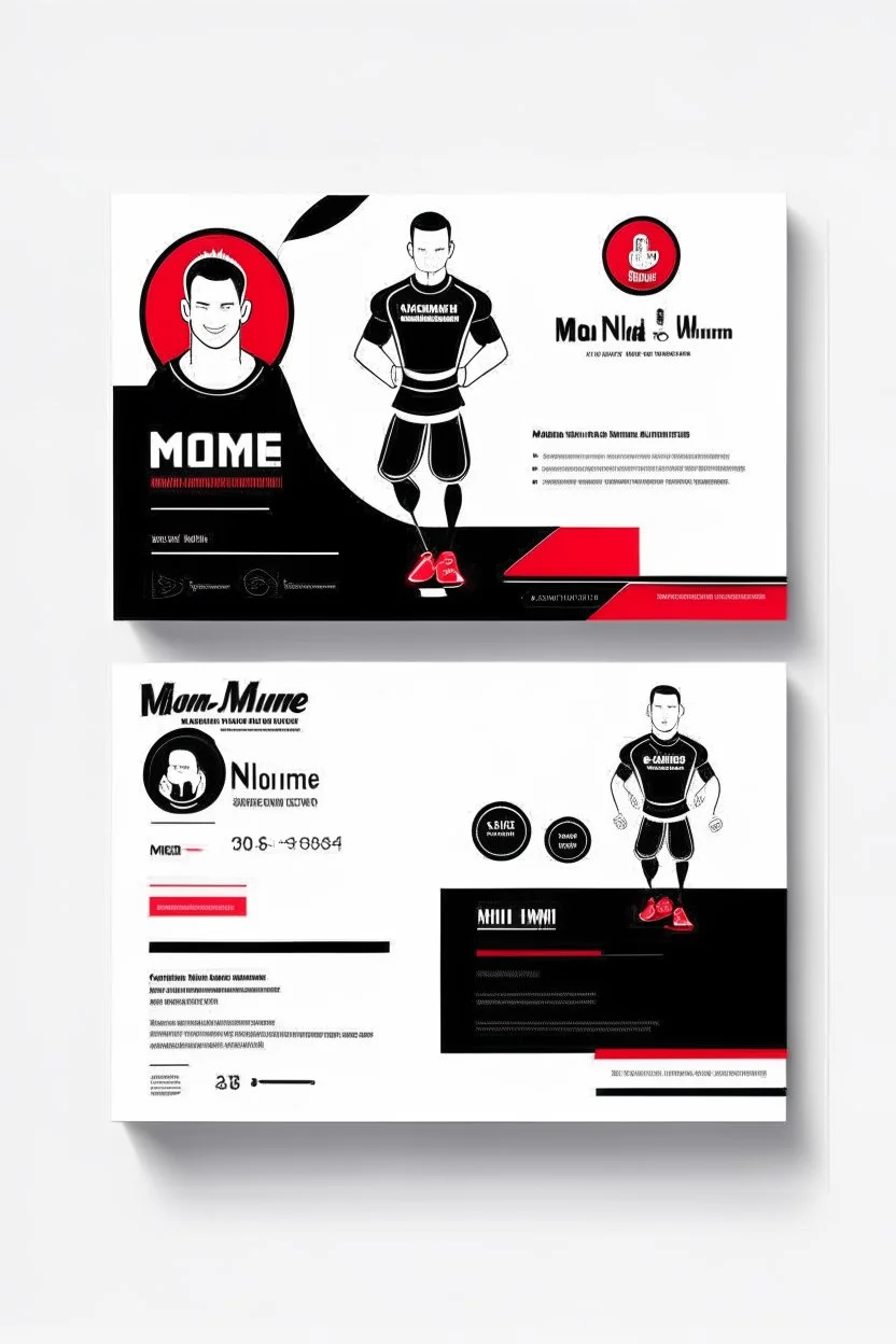 business card layout for a gym instructor, red and black, vector art with gym mechines, white background with email, address, phone number and Instagram icons