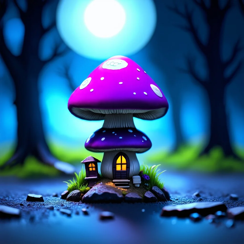 "Close up of a wonderful tiny Mushroom Tower home. Magenta and indigo with bright white, deep black and contrasting tones of gray magenta and violet colors. Illuminated bioluminescent forest. Professional painter, master at composition. small but detailed. broken, blurred background, voluminous lighting"