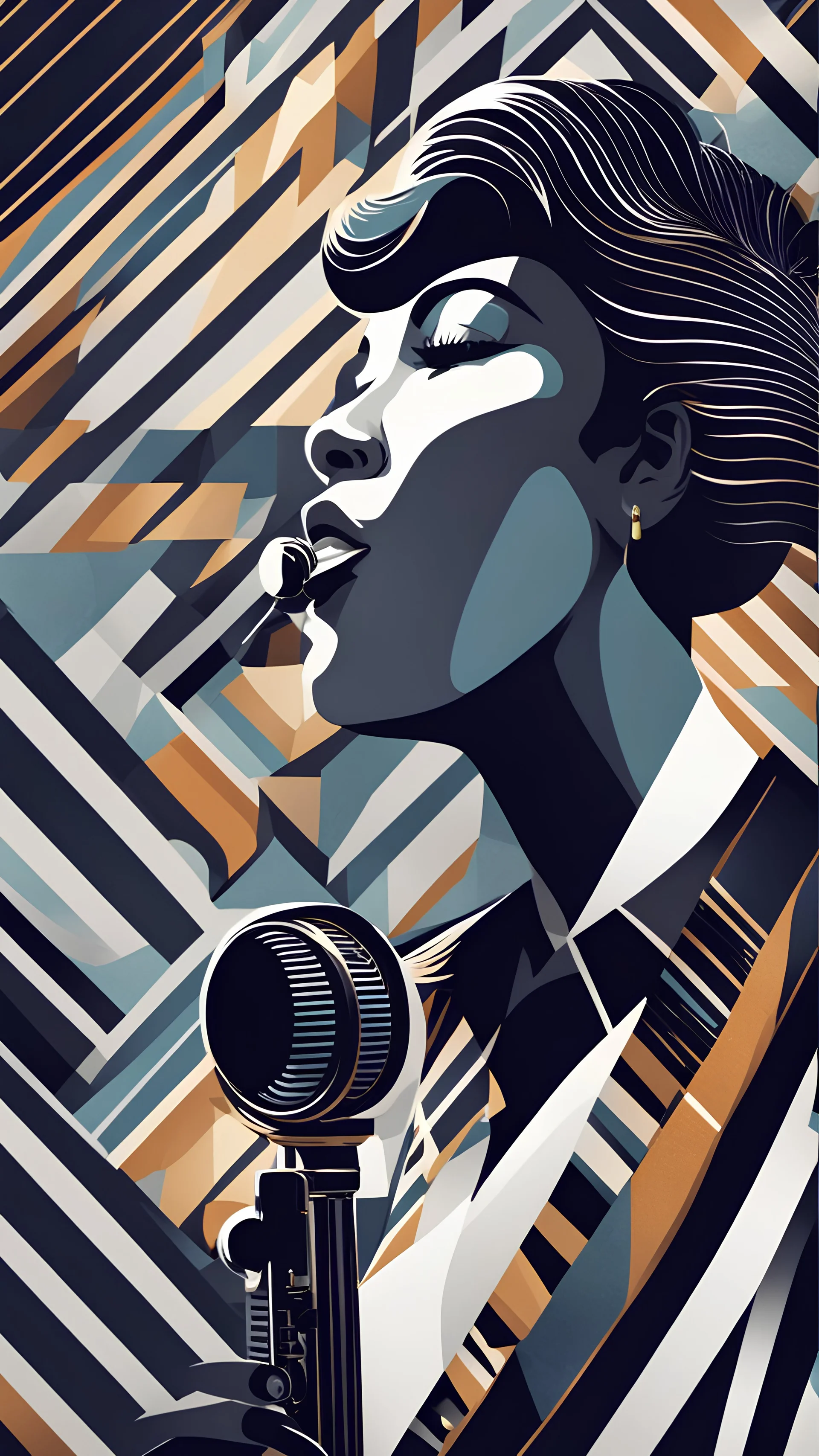 a portrait of a jazz singer , with bold geometric patterns and elegant lines. The singer should be holding a vintage microphone, capturing the essence of the Roaring Twenties. 4k resolution.