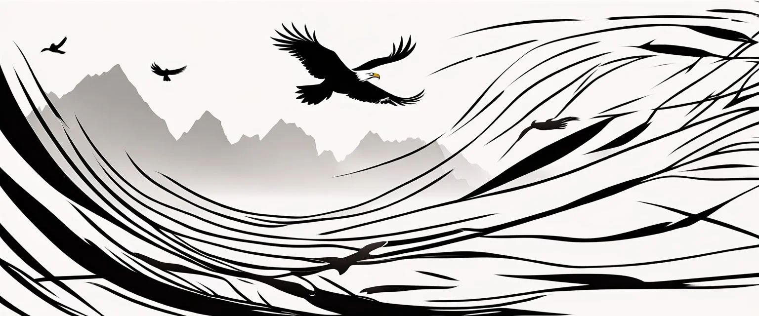 energetic lines blowing across the composition, eagle chasing smaller birds only on the right, a few feathers trailed behind, vector black on white