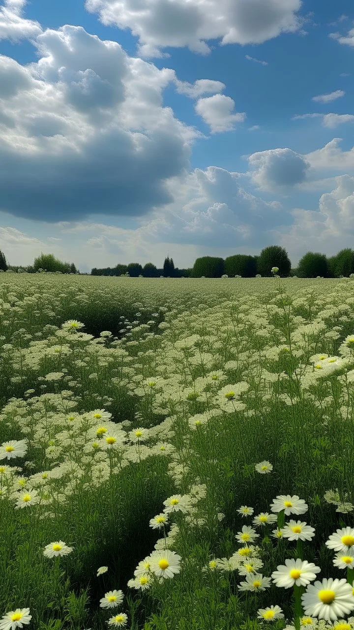 Field of of white flowers with light green clouds in the background