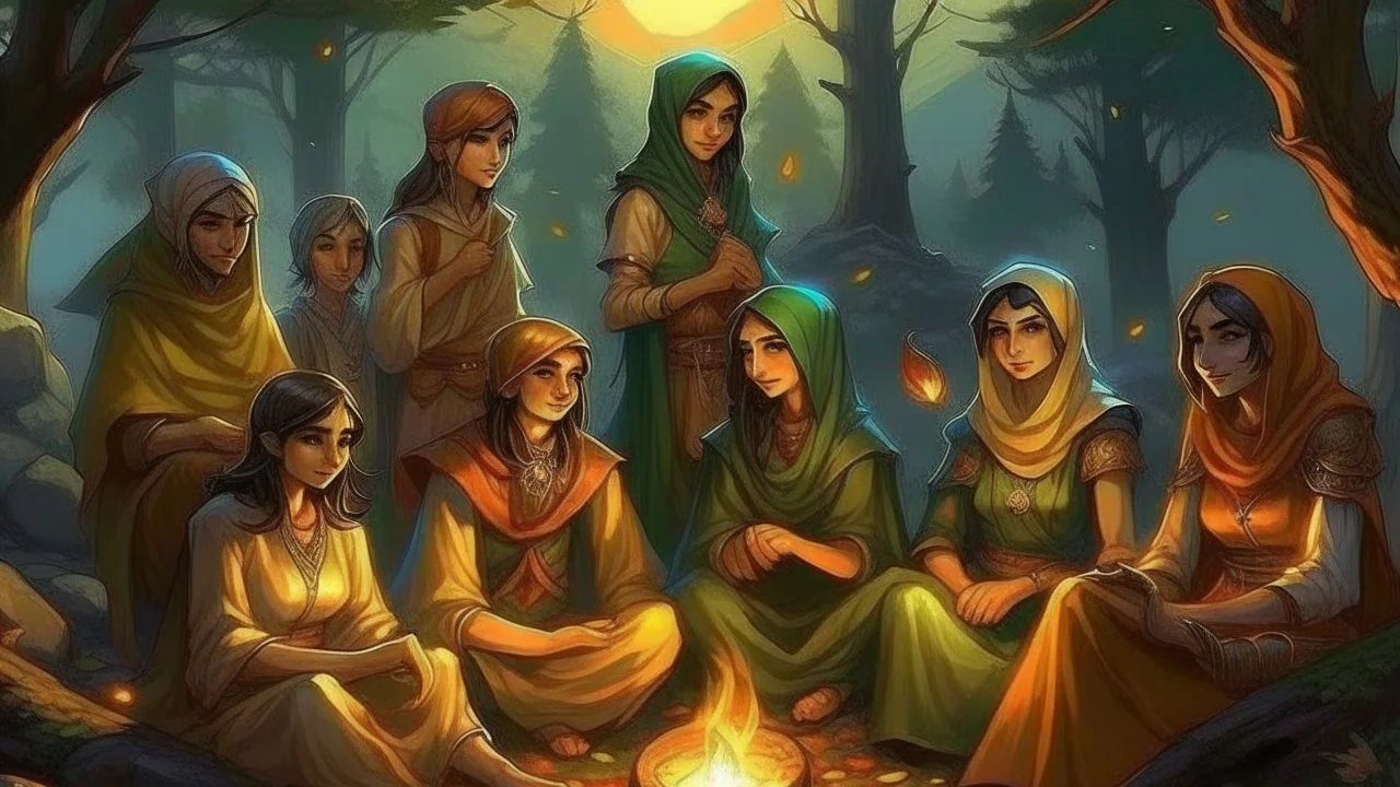 In this concluding chapter, the hero or heroine clearly remembers the danger they faced and how they succeeded in changing the fate of the jinn and the forest. The eyes reflect optimism and pride, and every moment of their journey is fresh in their memories. The hero or heroine gathers with friends and loved ones in a quiet setting, perhaps around a bonfire or under a starry sky. They begin by sharing their experiences and adventures in the jungle, telling an inspiring story of how they defied