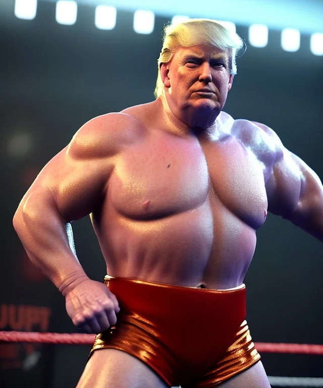 Realistic image, Donald trump wrestler, wrestling, lights cam, retro style, 80s, hot ambient, photo studio, red, soft color, gradient, highly detailed, art stations, concept art, smooth, unreal engine 5, god rays, ray tracing, RTX, lumen lighting, ultra detail, volumetric lighting, 3d, finely drawn, high definition, high resolution.