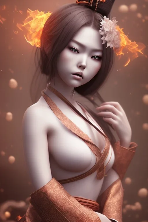 Perfect hitomi tanaka face, geisha clothes, fullbody, intricate, highly detailed face, highly realistic, fog, fire, particles