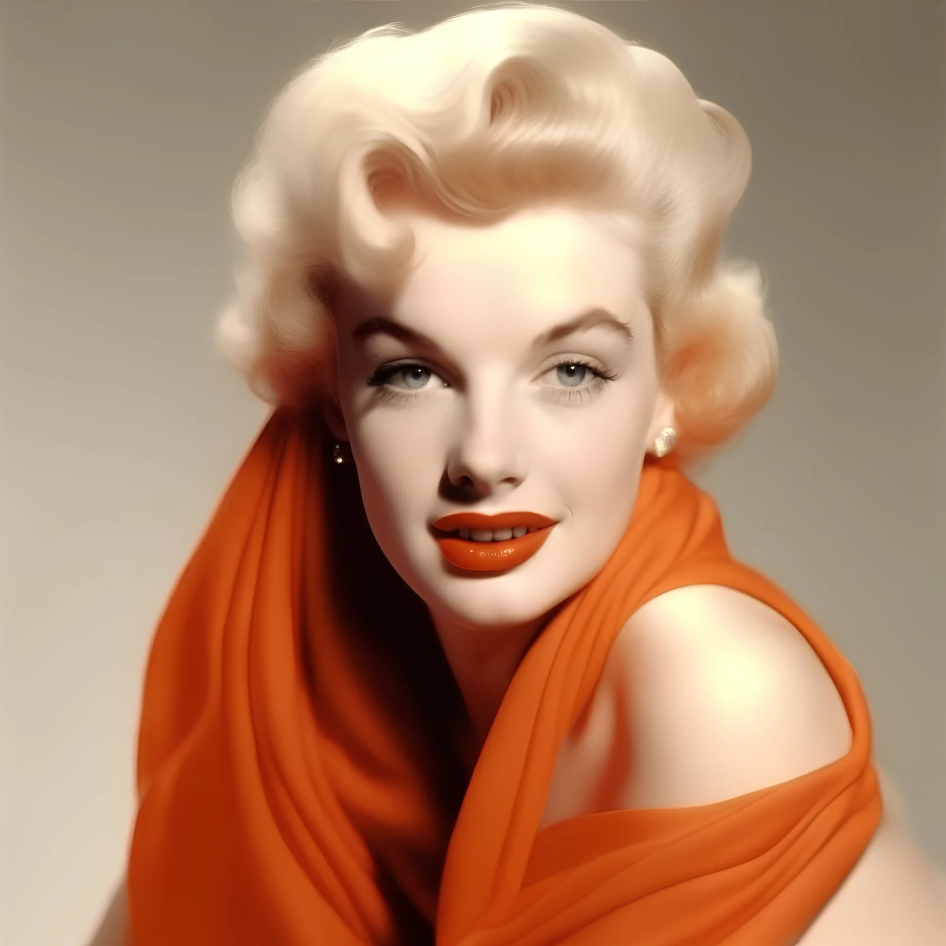 A photograph of marilyn monroe, with doll face, with spiky hair, no make up, in the style of milton greene, a pale orange silk scarf around her shoulders, white bacground