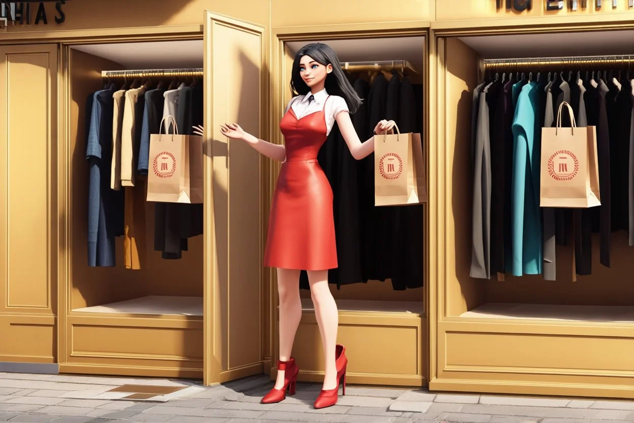 3D video game character elegant young woman enthusiastically and cheerfully comes out of a fashion store, on her arms several elegant branded paper bags, in the window clothes and shoes, S<AI in sunshine