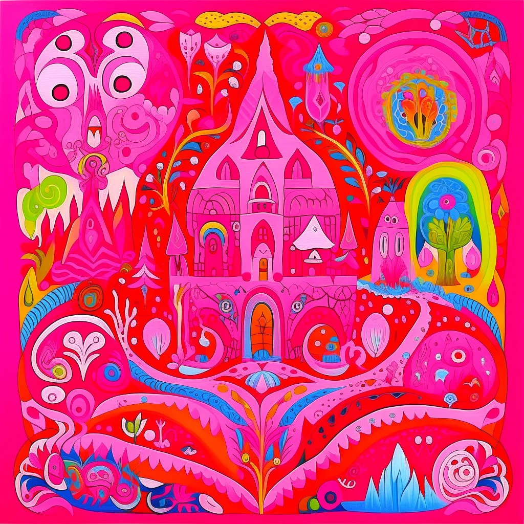 A pink magical realm with rune spells designed in Kuna molas painted by Giovanni Battista Sassi