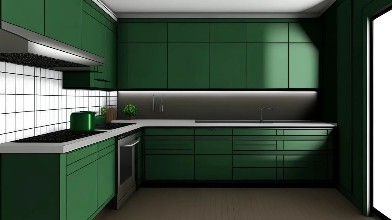 kitchen with dark green furniturel, on the left side next to the window there is a microwave and oven installed in the furniture, and on the right side 5 cm from the induction hob and a kitchen hood above it,