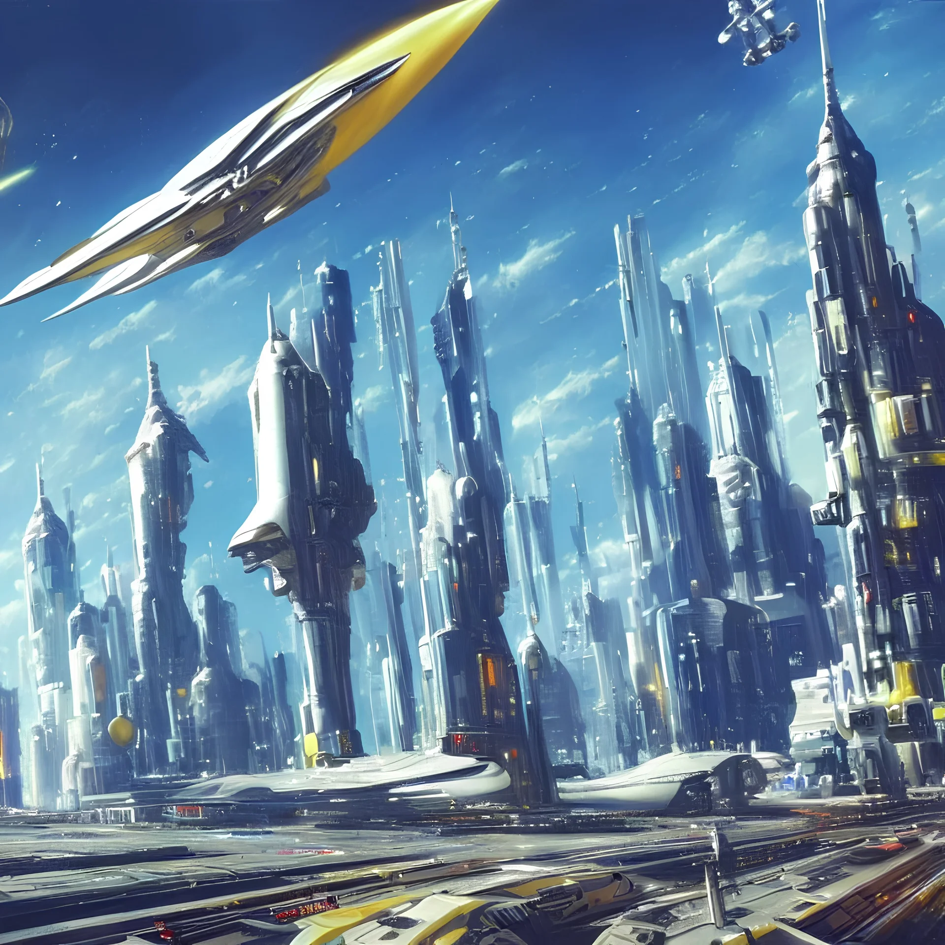 Spaceport on a heavy industrialized planet with a vibrant city in the background and a starting spaceship in the foreground, art by John Berkey, buildings with glass facades, insanely detailed, vibrant, 8k uhd, cinematic atmosphere, ultra-wide angle, street level view, brush strokes, blue sky with clouds, sharp focus