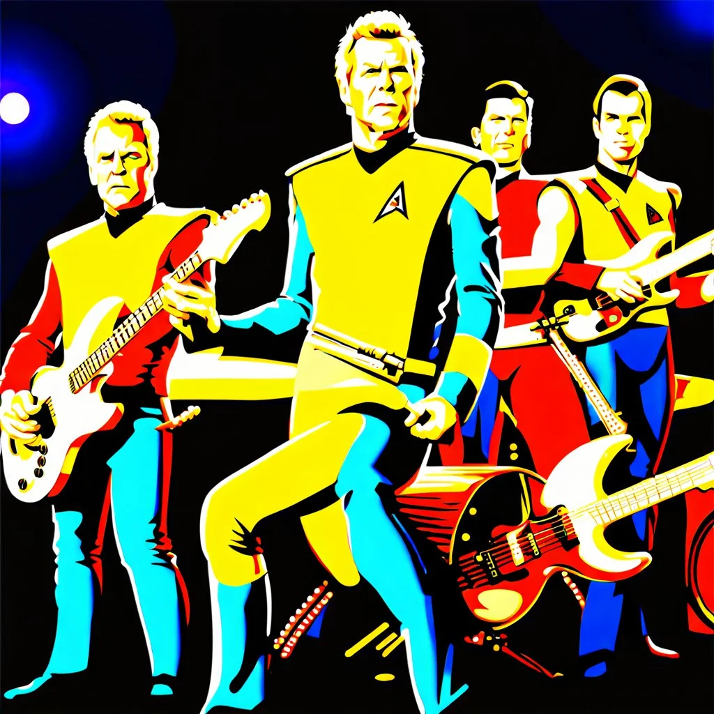 Captain Kirk and the Starfleet Commanders performing as a rock band