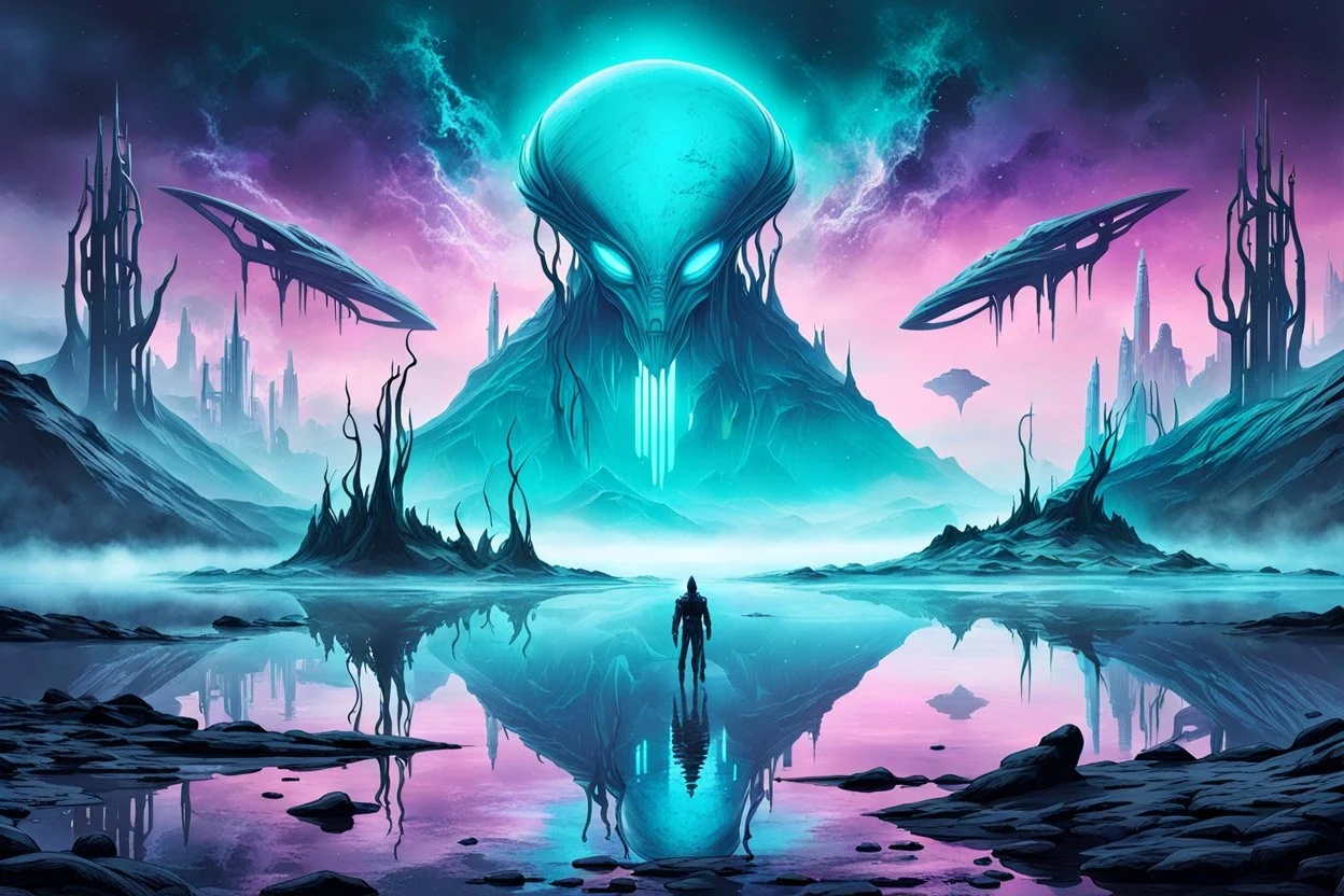 splash screen, alien landscape with some dark humanoid silutte , iced lake, fog, cold colors, metallic tones, scifi style, fade colors, utopistic vibe