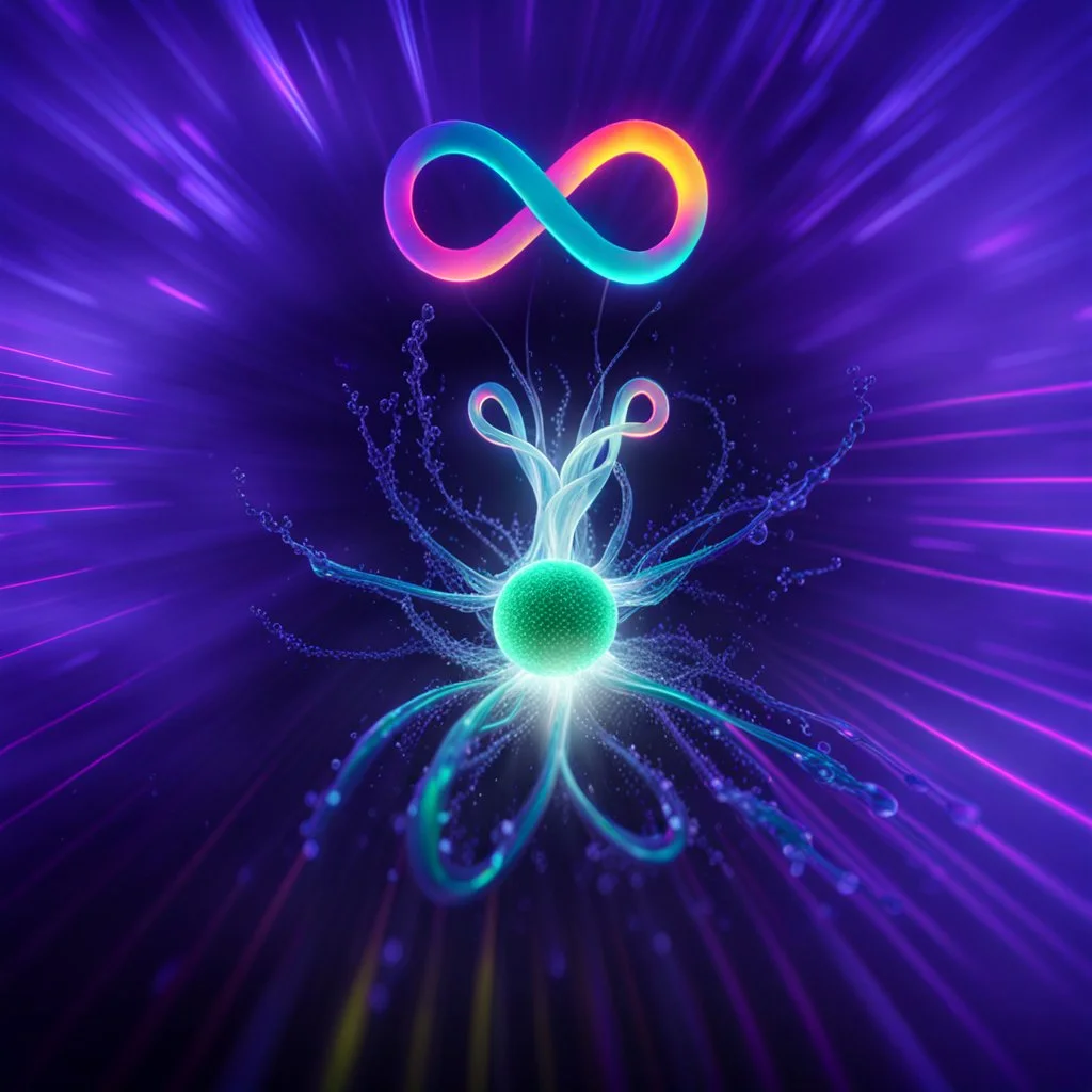 infinity symbol ∞ with vibrant single Plankton in water, striking, neon, chiaroscuro, dramatic, captivating, powerful, fantasy, beautiful, octane render, 16k post-production, artstation: award-winning: atmospheric: commanding: fantastical: clarity: ultra quality: striking: brilliance: stunning colors: amazing depth; lens: f/11, 35mm