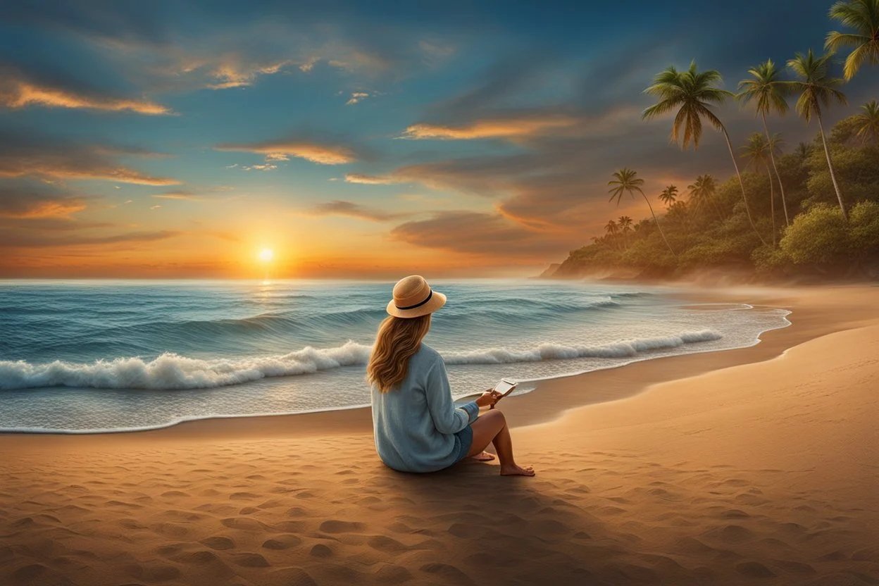 A woman is sitting on the beach near the ocean, with the waves soothing backdrop, peaceful and relaxing atmosphere, sunset, detalied, high textures, photorealistic