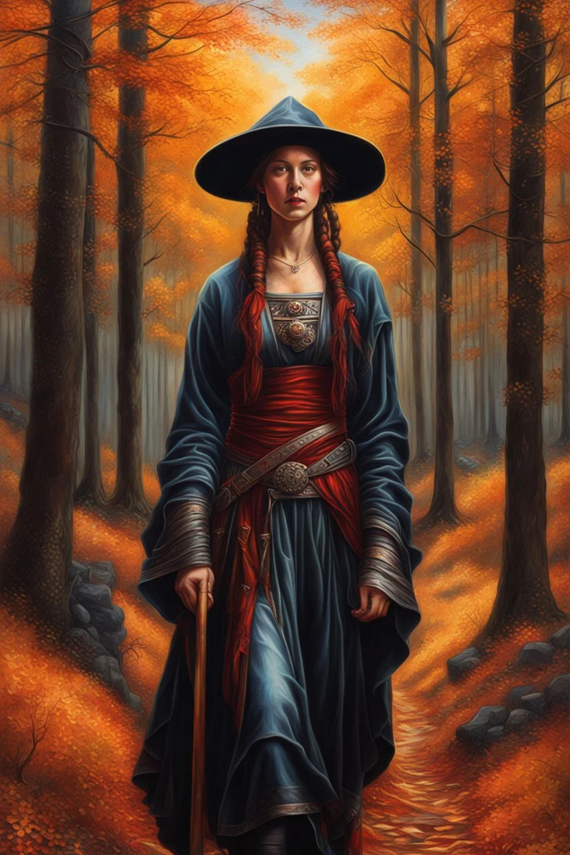 create a classical-abstract-realist sci-fi fantasy full body portrait painting of a nomadic tribal shepherdess with highly defined facial features, in an autumnal northern forest in the style of Donato Giancola, Hans Memling, Titian, and Caravaggio, 8k, highly detailed, otherworldly and fantastic