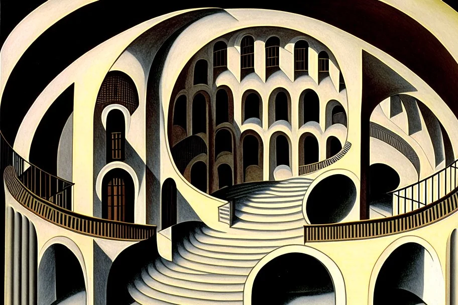 arches arranged in a semicircle, in the middle a slim round tower with an external spiral staircase, symmetrical, by artist "de Chirico",by artist by artist "Escher"