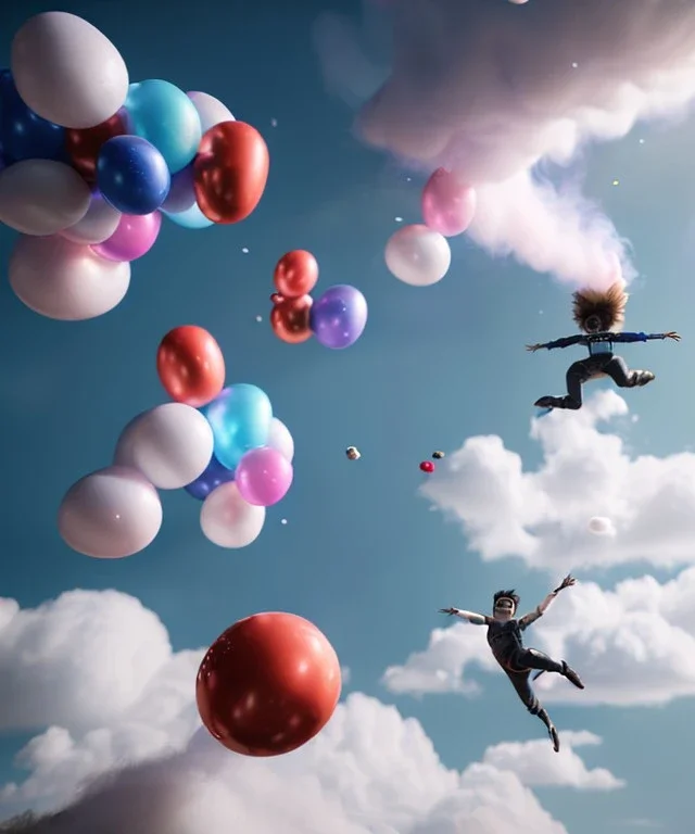 Ultra realistic speed clouds sky scene, wide angle view, strong men falling down with many Childs, circus clothing style, feather color clothing, free jumping flying, many trinkets, hair monster, many jelly beans, balls, color smoke, smile, happy, extreme, wind, clouds sea, 20,000 feet altitude, stratosphere, soft color, highly detailed, unreal engine 5, ray tracing, RTX, lumen lighting, ultra detail, volumetric lighting, 3d, finely drawn, high definition, high resolution.