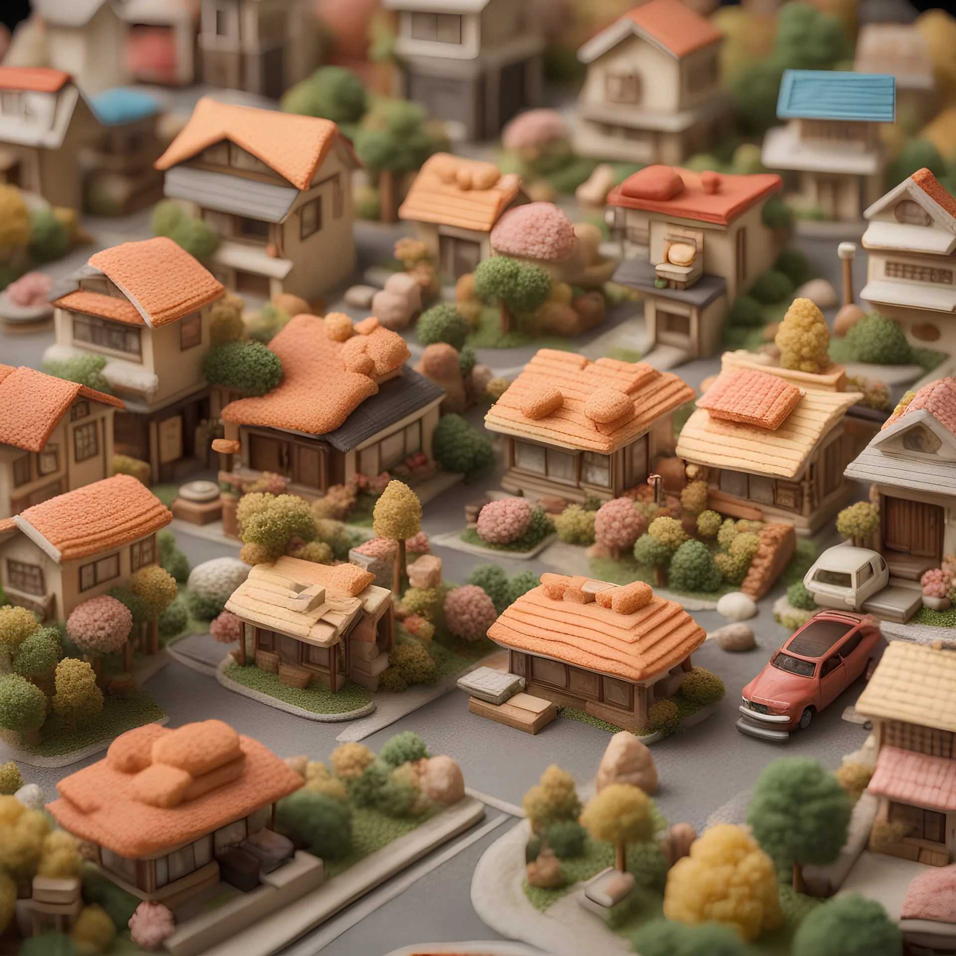 sushi neighborhood diorama, suburban homes made entirely from waffles, waffle textures, fantastical, mega detailed, photoreal, maximalism, dynamic composition, sign post says "WAFFLE LANE"