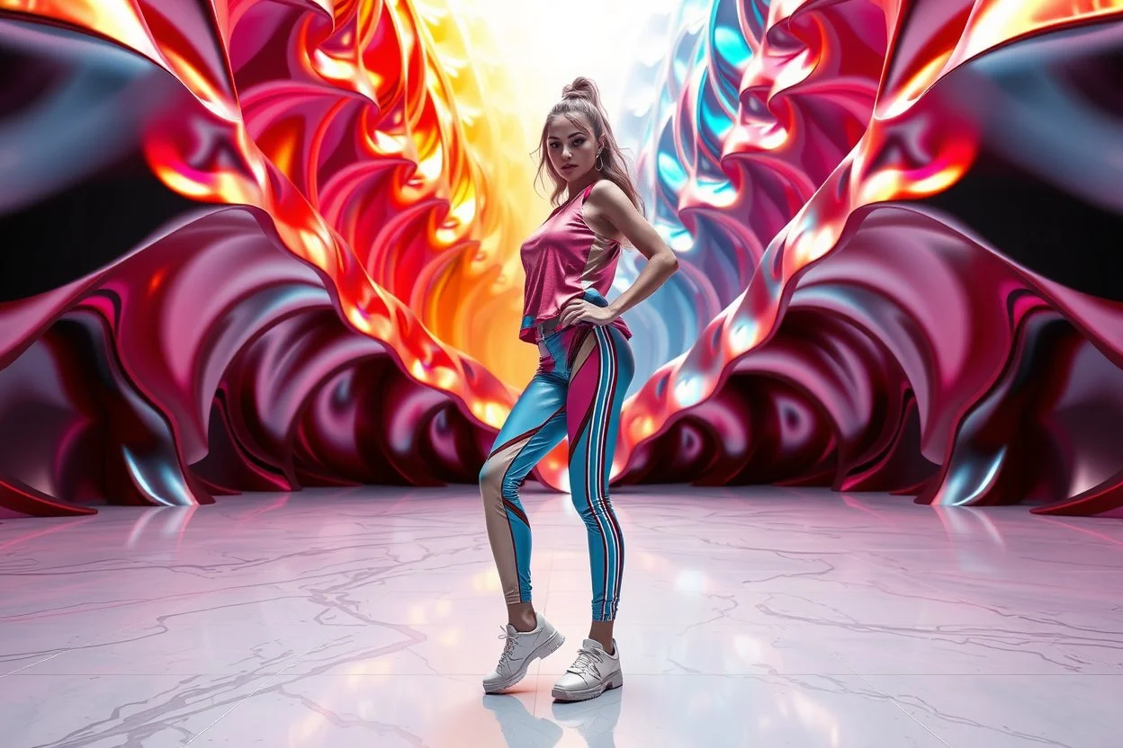 beautiful lady with to days modern clothing and sport shoes, in surreal stage made of 3d fractal random size recursive objects with helical strip colors in clothing similar to environment full body dancing to camera,animating background metallic random color size recursive objects