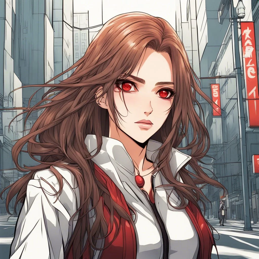 A confident woman with long brown hair and red eyes, modern street setting, colored manga style, intricately detailed