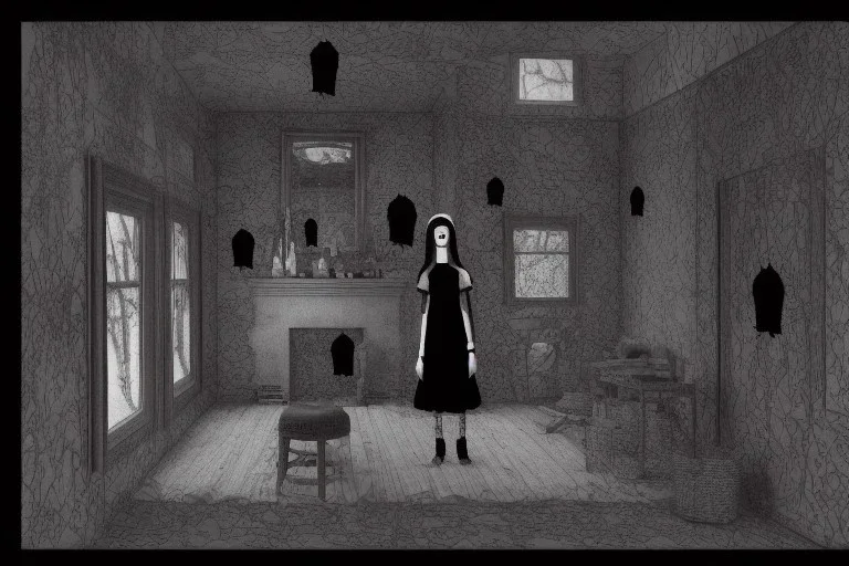 Wednesday Adams in 3d scary dark room Escher style