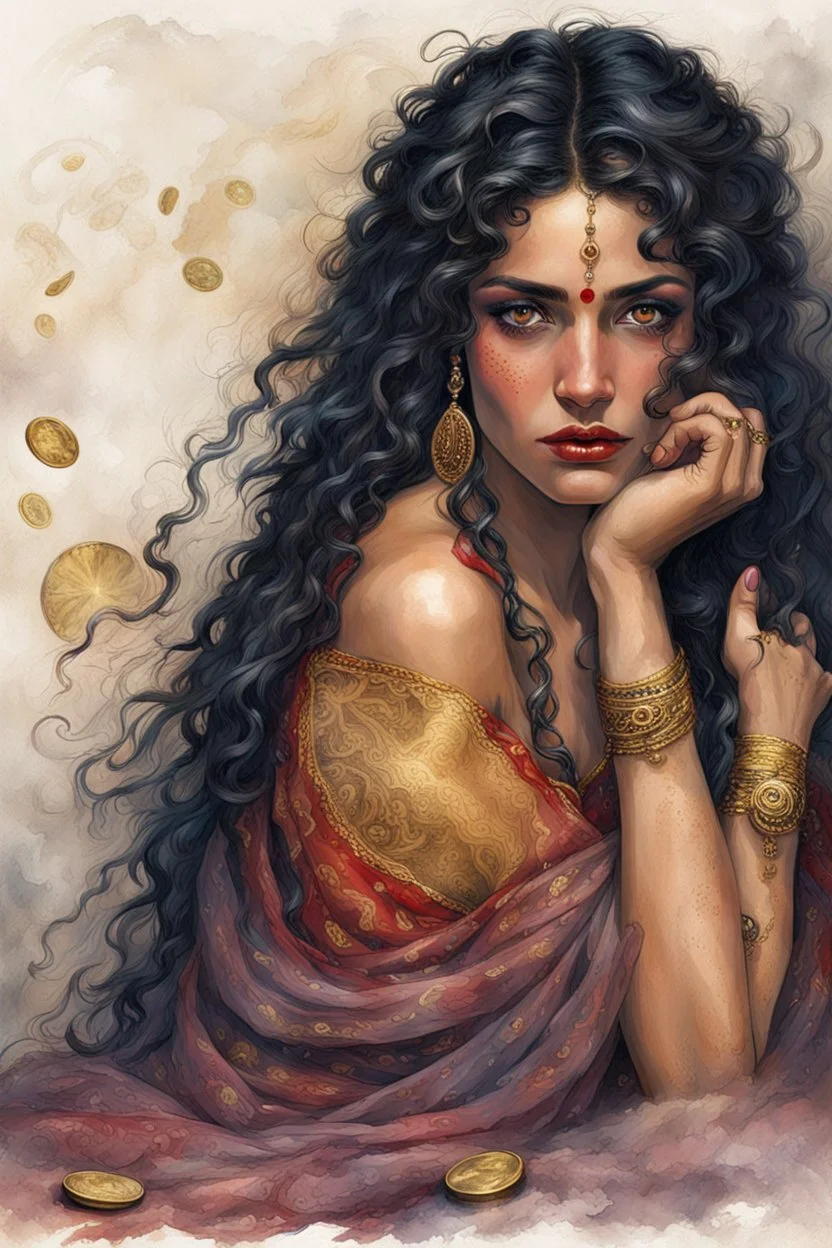 striking Romani woman with smoldering, kohl-rimmed brown eyes that seem to hold centuries of untold stories, her gaze both melancholic and magnetic. Her full lips part slightly as if whispering a half-remembered incantation, while a cascade of wild, raven-black curls tumbles over one shoulder, entwined with gold coins and crimson ribbons. The muted palette—burnt ochre, deep plum, and shadowy sepia—evokes Gustav Klimt’s gilded eroticism, but with Aubrey Beardsley’s sinuous, ink-like precision in