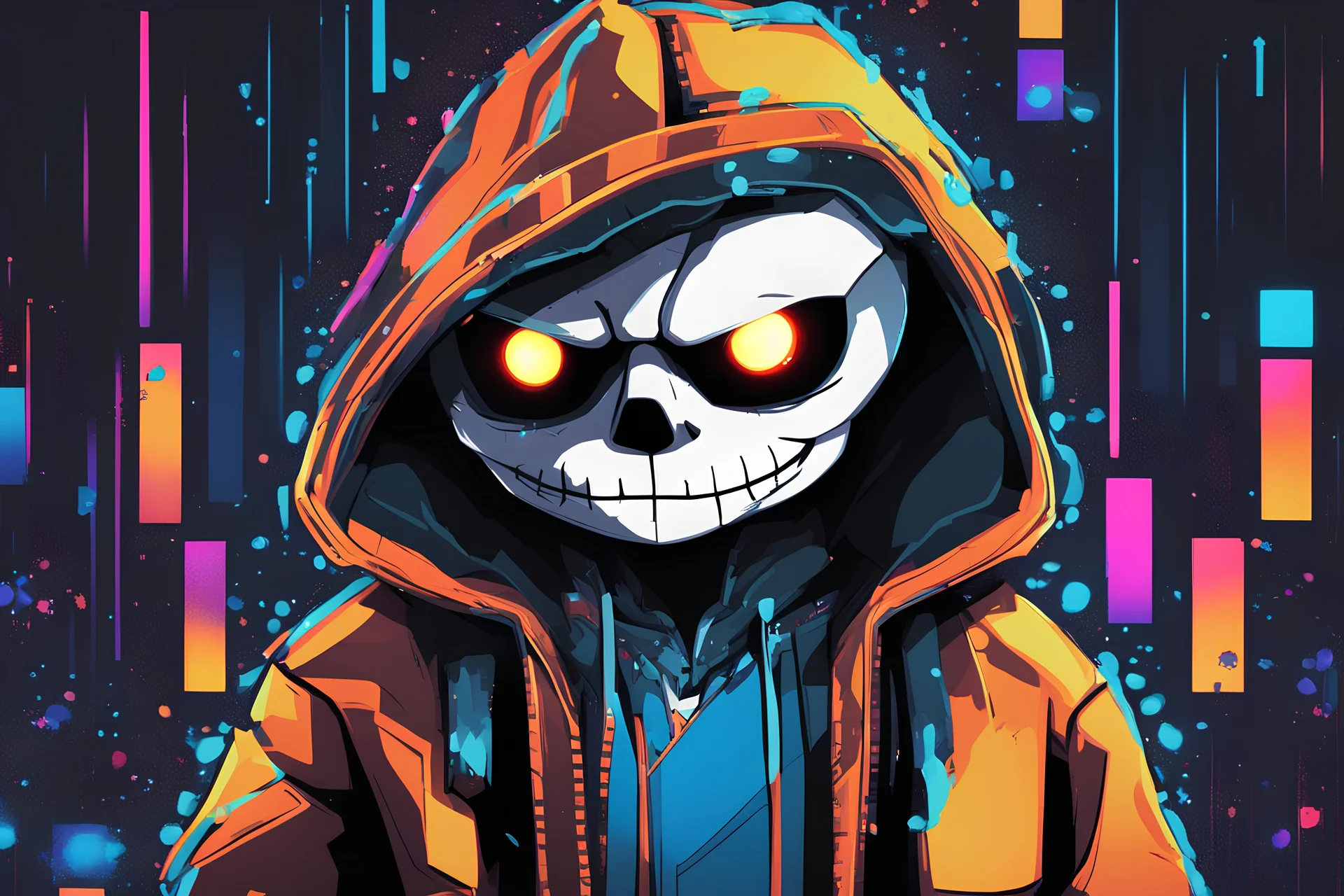 Sans in 8k cartoon artstyle, pixel them, neon effect, close picture, rain, fantasy world, intricate details, highly detailed, high details, detailed portrait, masterpiece,ultra detailed, ultra quality