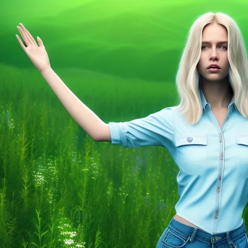 beautiful young blond Swiss girl standing in green field, mountain, sun, wearing blue shirt over, open arms, realistic eyes, blue eyes, unreal engine, photograph, realistic skin texture, photorealistic, hyper realism, highly detailed, 85mm portrait photography