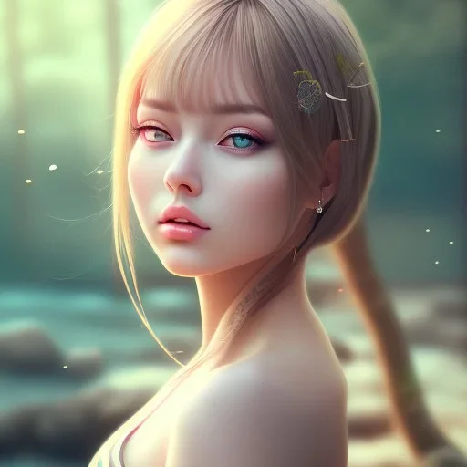 Insanely portrait of beautiful girl day, sunny, relaxing, sea, trees, real details anime style, realistic, glowing forest, 8k