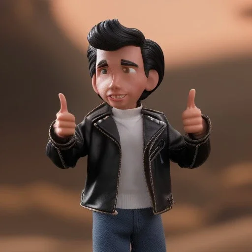 wide view young Fonz with black hair greaser figure doll 1979 (thumbs-up) (face) Forehead grin, fonzarelli, ((arnold's drive-in)) fonziE fonz