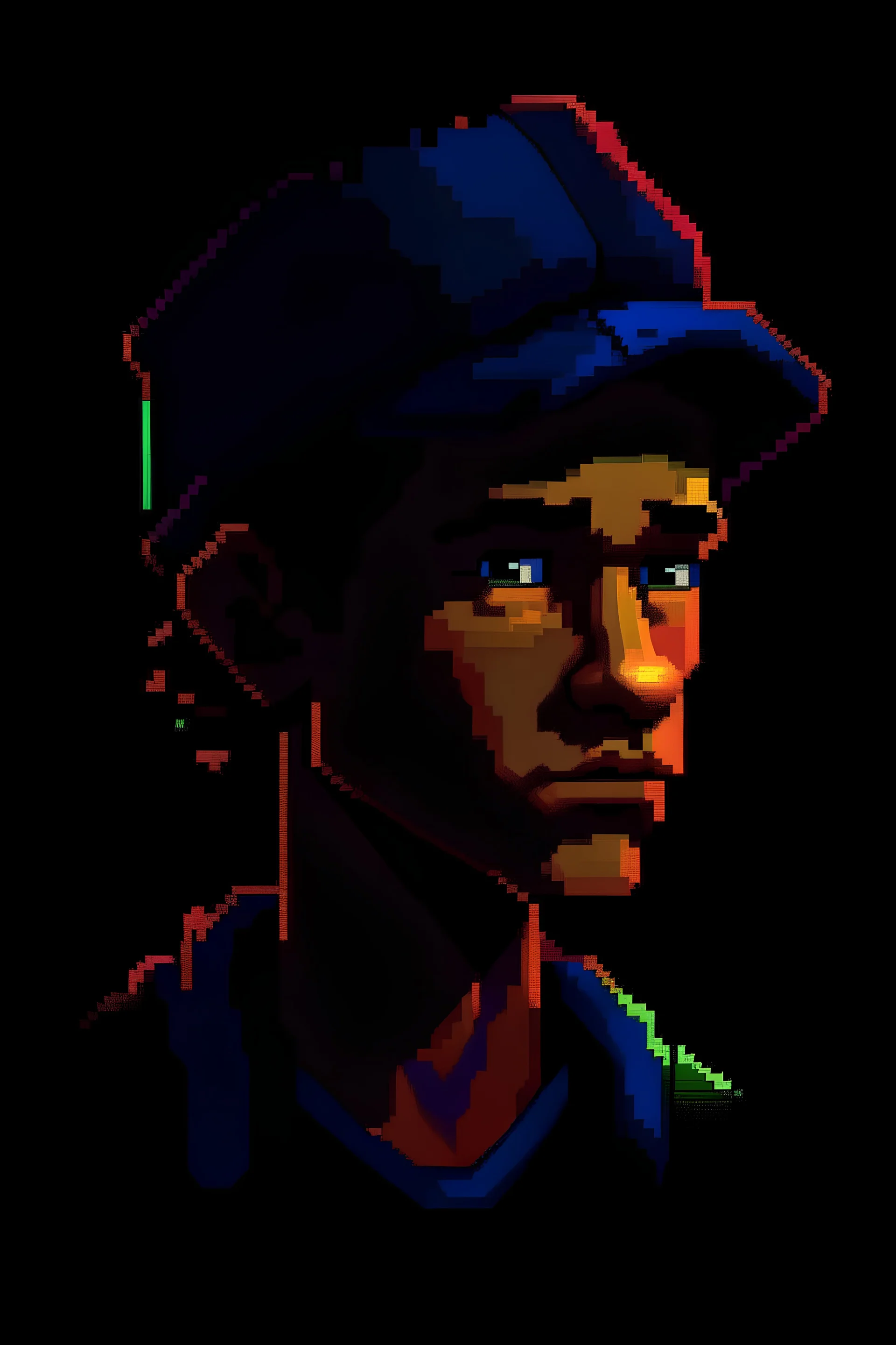 Un retrato al estilo pixel art de Guybrush Threepwood, con un joven de tes morena, con una gorra negra, colorido e iluminado, nariza un poco mas gruesa