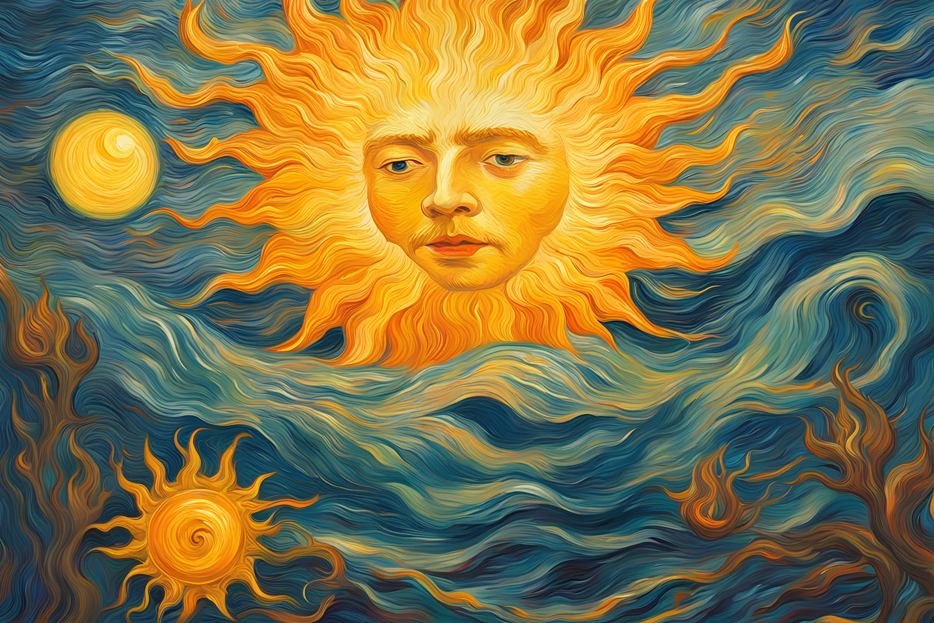 A vibrant oil painting close up of a sun and mon by Vincent van Gogh, trending on Artstation