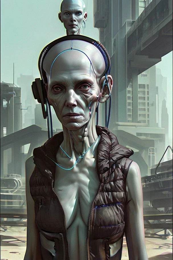 cyberpunk saggy granny woman, skinny, abandoned sci-fi town, future, sci-fi