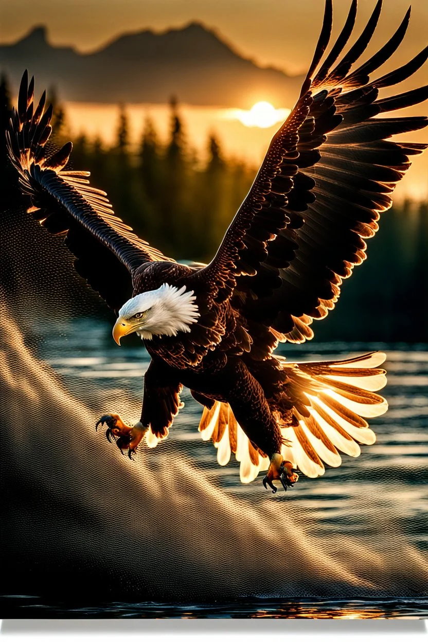 An image capturing a majestic eagle in flight, gripping a large fish in its talons as it soars above a winding river. The sunlight glistens on the water below, and the eagle's powerful wings spread wide against the sky. The scene showcases the eagle's incredible hunting prowess and the dynamic beauty of the natural world.