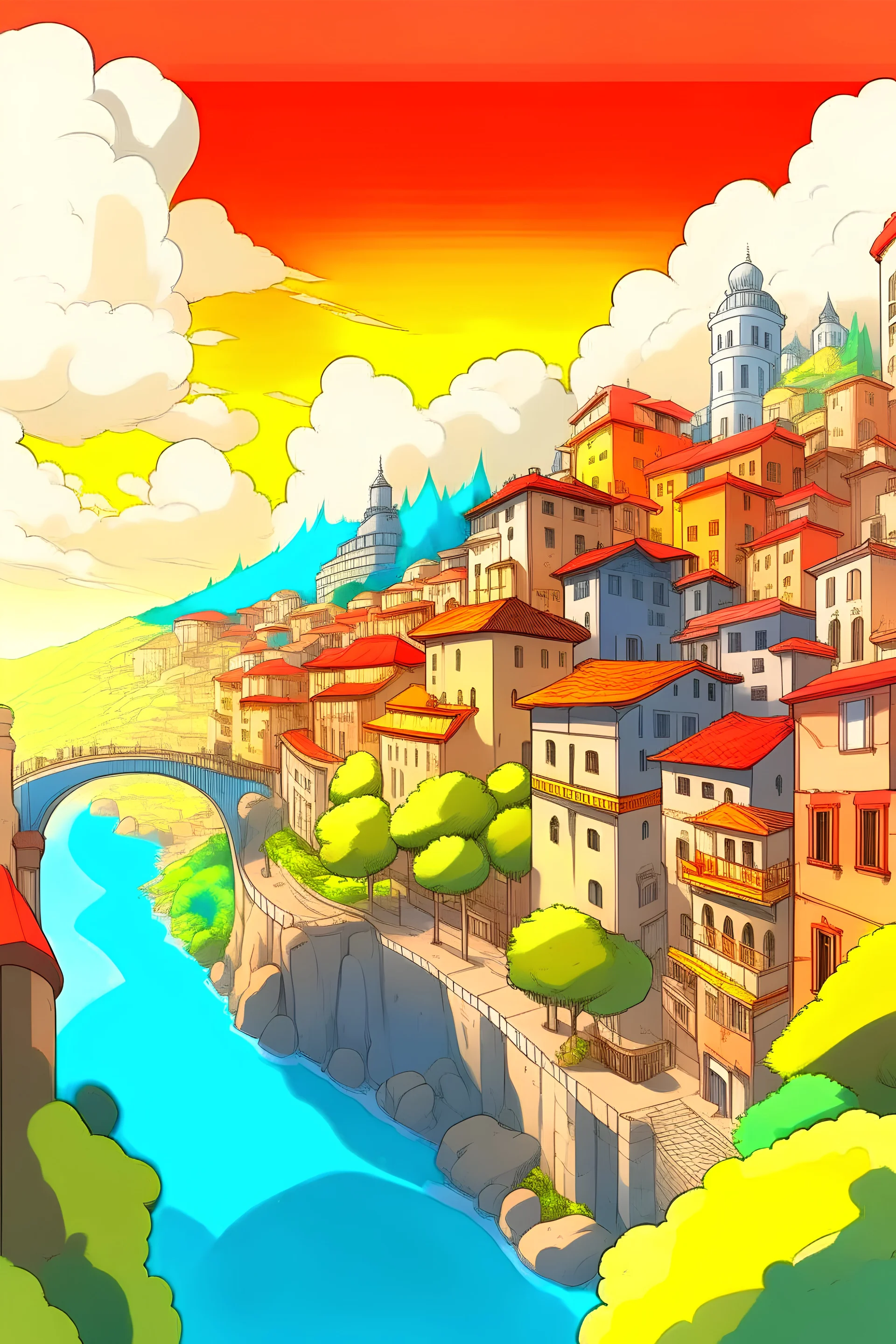 Create a landscape of the town of Genoa in japanese Manga style