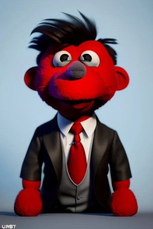 Waist up muppet Portrait, Kim Jong-un muppet doll, black suit, photo studio, red background, unreal engine 5, concept art, art station, god lights, ray tracing, RTX, lumen lighting, ultra detail, volumetric lighting, 3d.