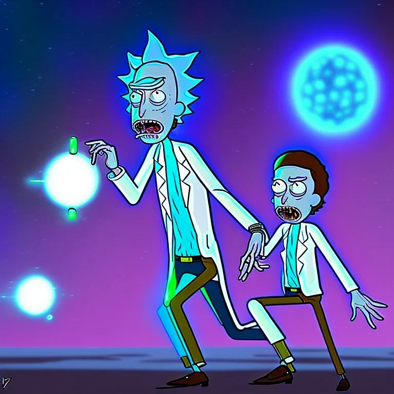 Rick and Morty escaping from a giant alien