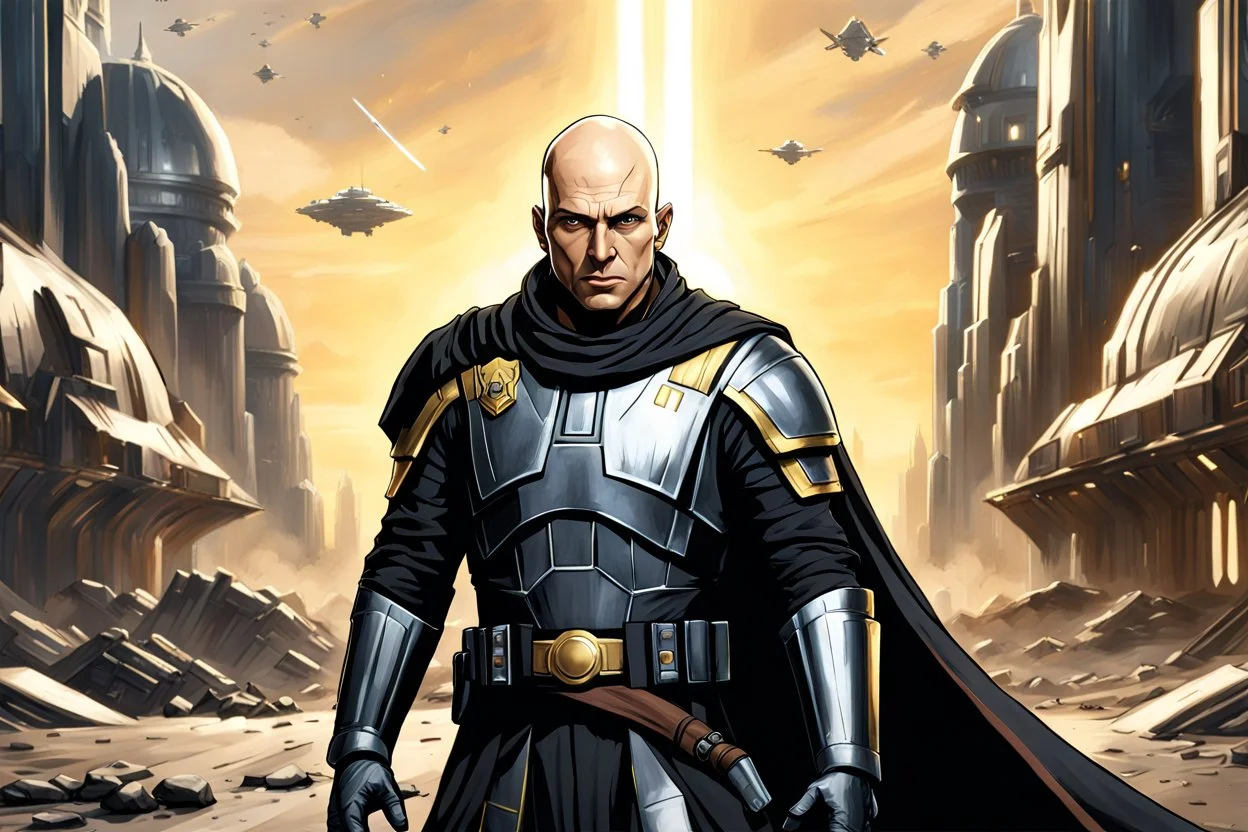 star wars bald male corellian jedi pilot wearing black and gunmetal grey old republic armored robes with gold trim, alone, battle-ready Jedi Master defending a ruined ancient city surrounded by golden light, centered head and shoulders portrait, hyperdetailed, dynamic lighting, hyperdetailed background, 8k resolution, volumetric lighting, light skin, fully symmetric details