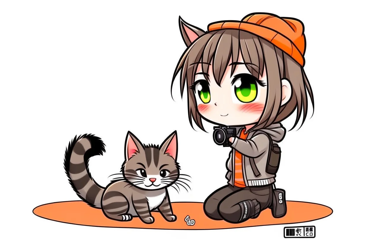 cute chibi photographer cat taking photos about a sexy cat girl