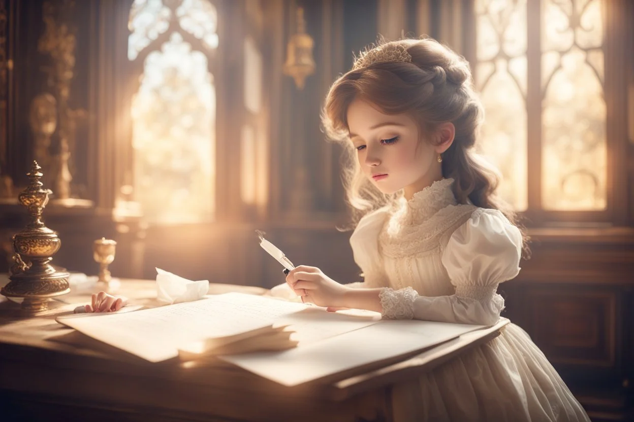 cute chibi contented victorian princess writing a letter in a victorian room in sunshine, ethereal, cinematic postprocessing, dof, bokeh