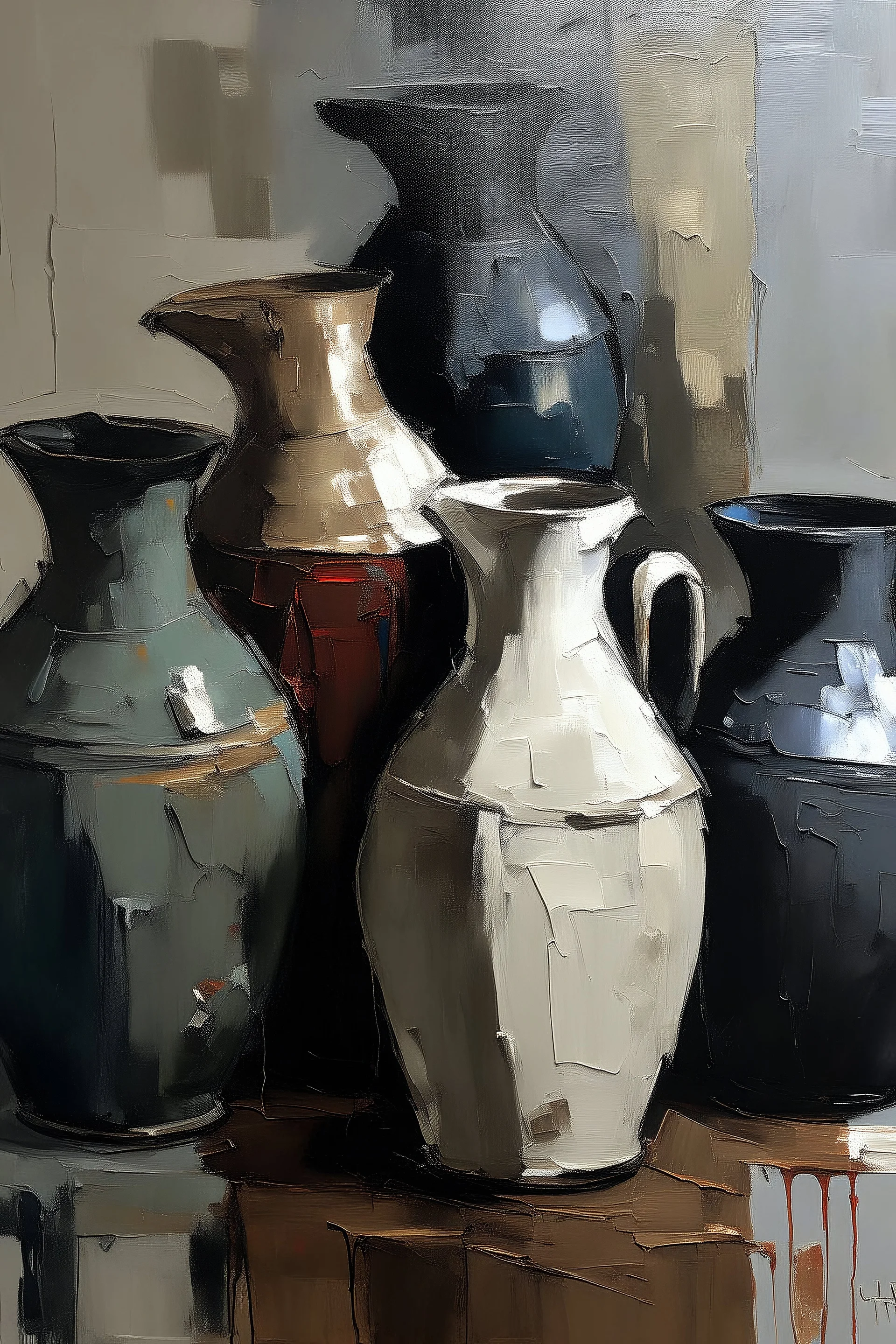 Thick impasto Oil painting of Vases and jugs in the style of Jeremy Mann