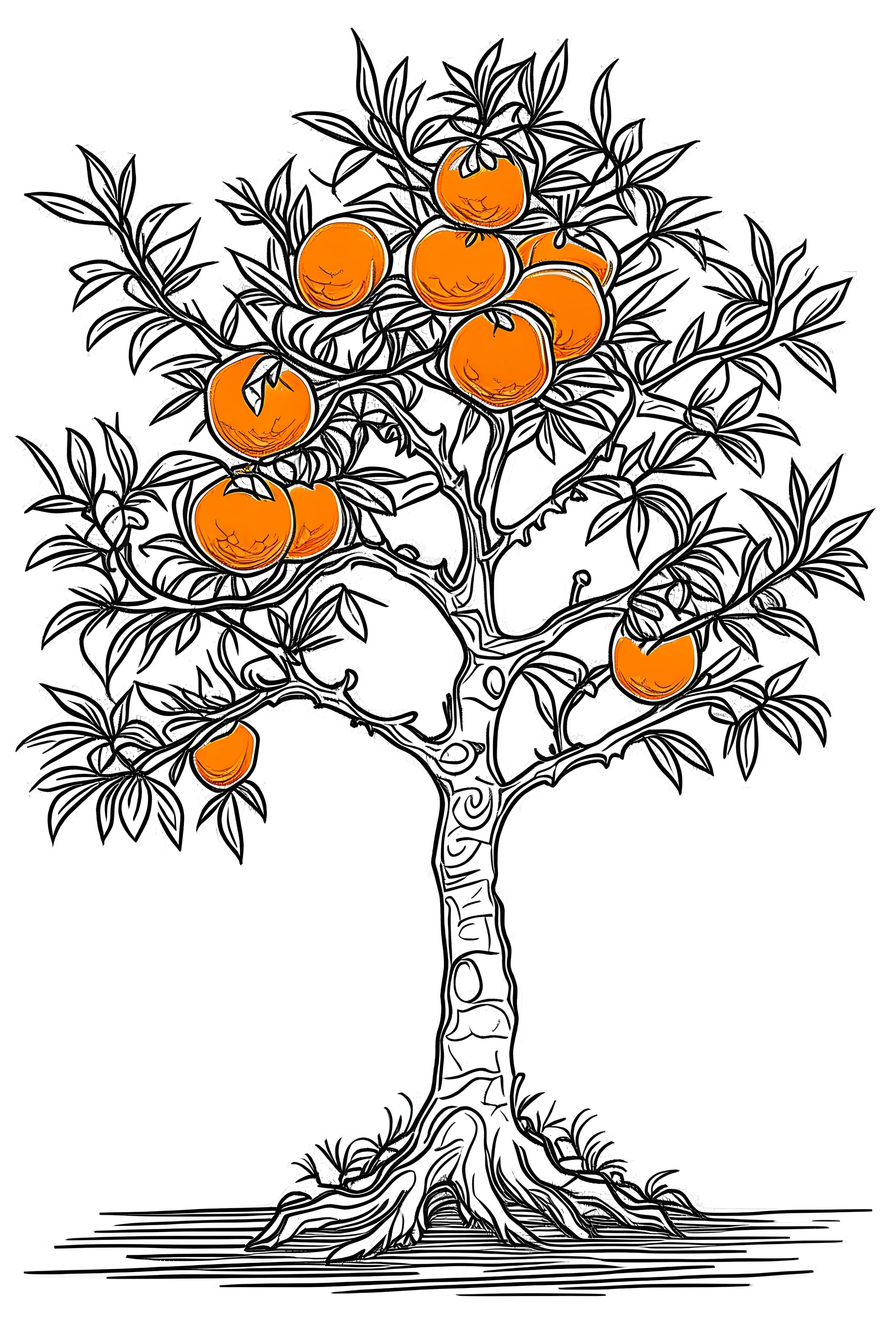 outline art for children's coloring pages with a mandarin tree with big mandarins, white background, sketch style, only use clear outline, clean line art, no shadows