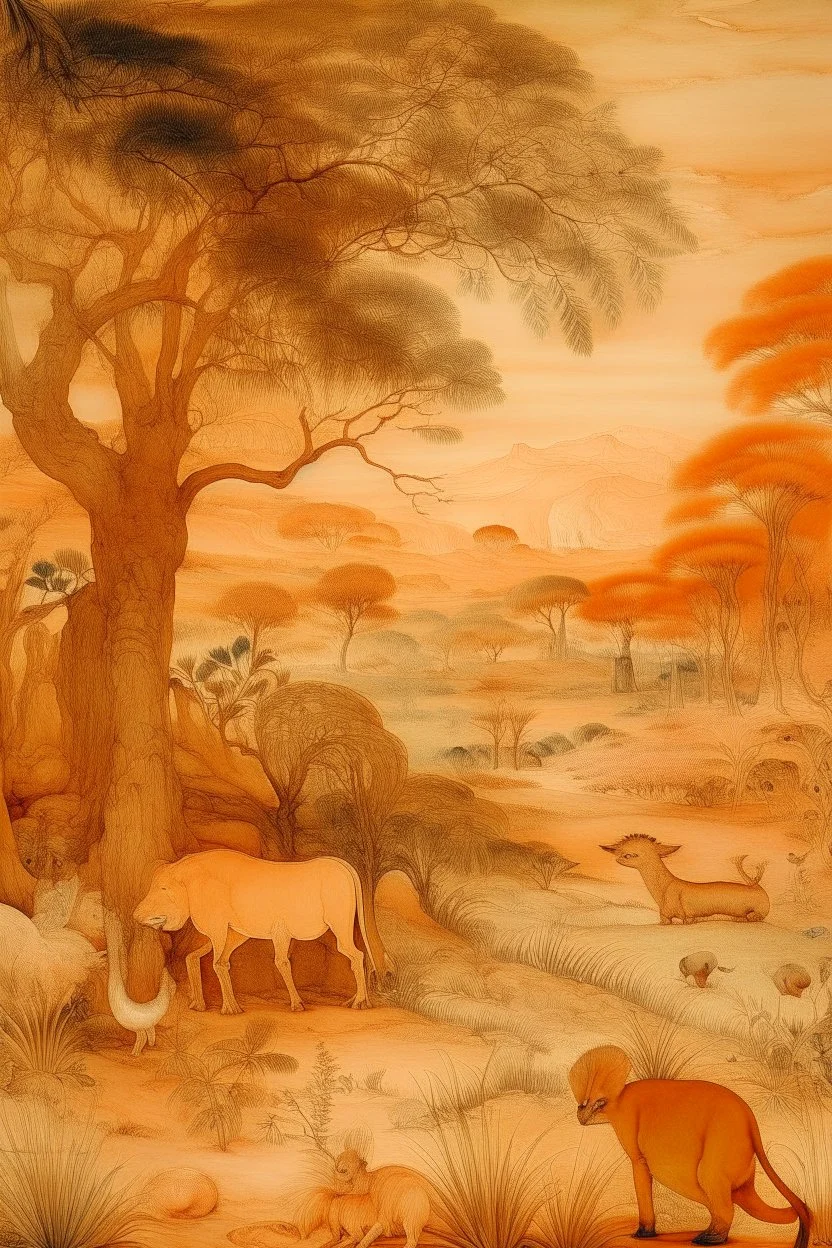 A light rosy orange colored savanna grounds with animals painted by Albrecht Durer