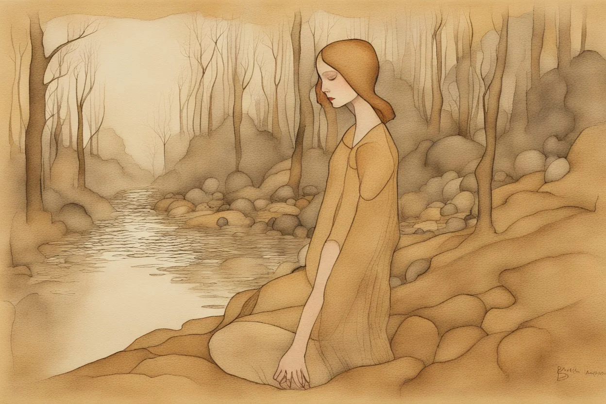 painted and burned burlap, Brown-haired woman unloads the burdens she carries on her back and rests on the edge of the woods by the stream, stones, mist, fog, styles of Paul Klee Dee Nickerson and Tim Burton, melting watercolor and black ink outlines on wet paper, soft, shading strokes, in sunshine, ethereal, cinematic postprocessing, bokeh, dof