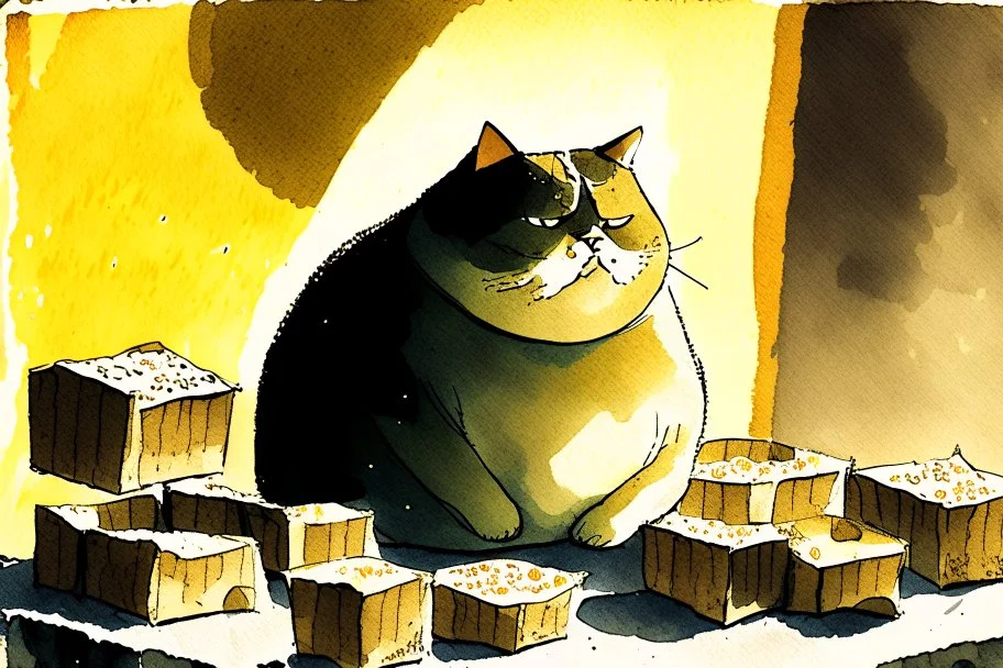 fat cat, lot of cat food in boxes and on plates, styles of Paul Klee Dee Nickerson and Tim Burton, melting watercolor and black ink outlines on wet paper, soft, shading strokes, in sunshine, ethereal, otherwordly, cinematic postprocessing, bokeh, dof