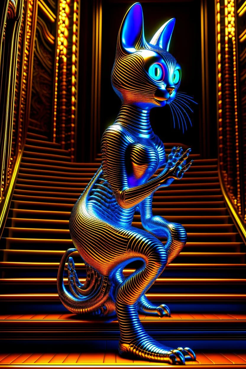 chrome chat robot cat woman creating crazy revenue in the style of escher and giger, spray paint, photo realism, trending on art station, 8k, depth of field, down light, light rays, volumetric, reflective spiral staircase, blue, brown and orange