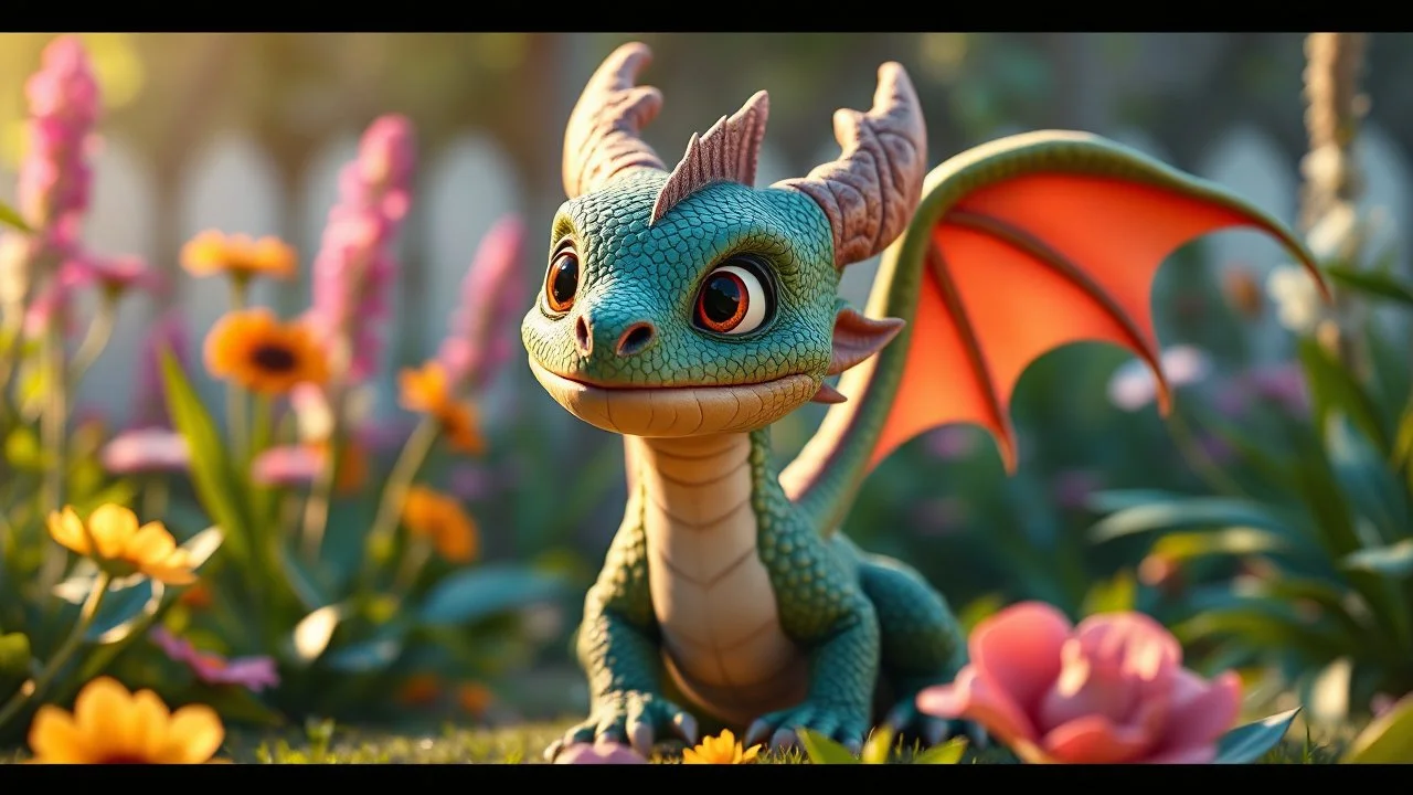 pixar style, volumetric summer garden environment and background, realistic painting of baby dragon, looking excited, volumetric lighting, dramatic lighting, detailed digital painting, extreme dense and fine fur, anime, ornate, colour-washed colors, elegant, small minutiae, tiny features, particulars, centered, smooth, sharp focus, renderman gofur render, 8k, uhd, detailed eyes, realistic shaded volumetric lighting, sunlight caustics, backlight, centered camera view