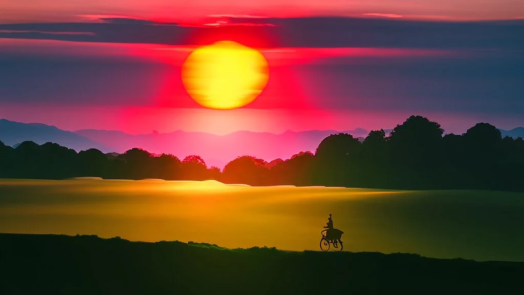 Silhouette of a lone rider on the green hill at sunrise