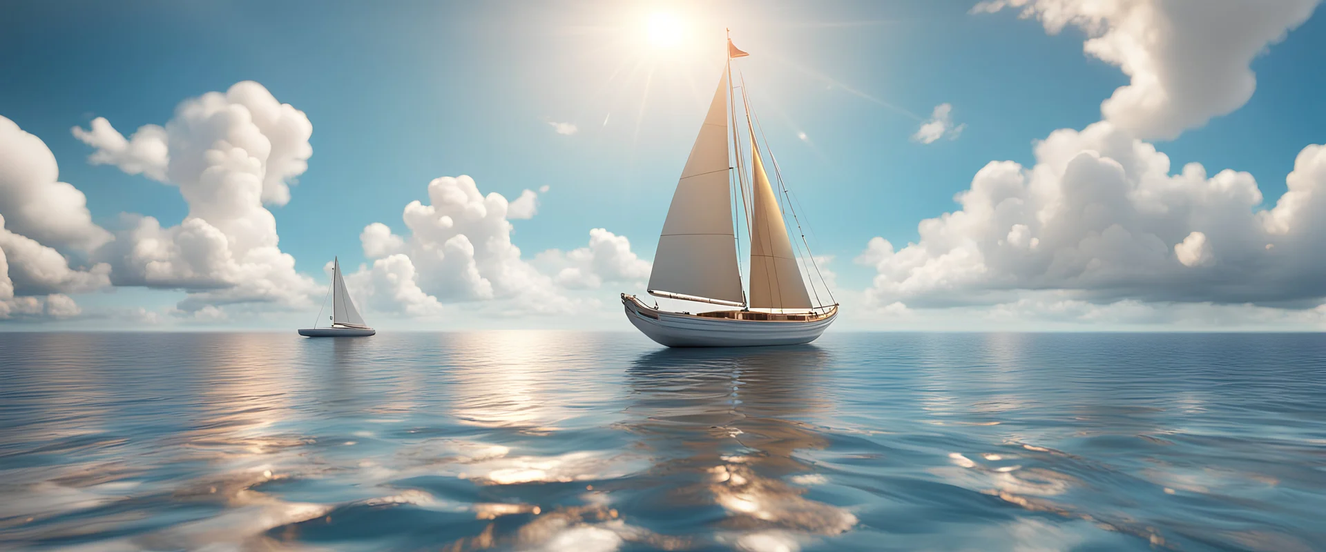 Background: a sailboat on a ocean on a bright sunny day landscape, clouds, 3d cartoon asset, clean Details: Sailboat on right third of the image, beach on left third of the image. Camera: frontal angle, 45°, 35 mm. Lighting: high noon sun, LED lights. 3d asset, cartoon style