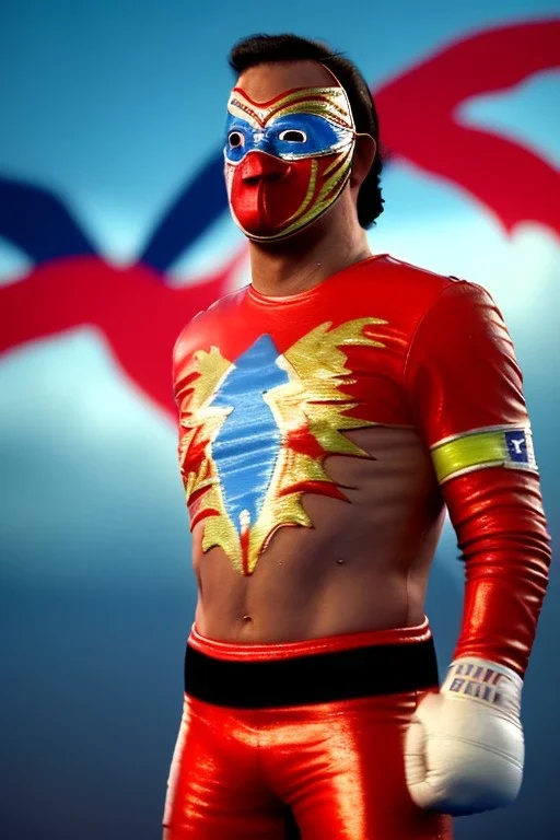 realistic image of joe biden as a mexican wrestling fighter posing, Mexican eyes wrestling mask, red and blue breeches, retro style, 80s, vibrant color, highly detailed, sky background, concept art, unreal engine 5, god rays, ray tracing, RTX, lumen lighting, ultra detail, volumetric lighting, 3d, finely drawn, high definition, high resolution.